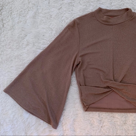AKIRA 3/4 Wide Sleeve Mock Neck Knot Crop Top - Picture 4 of 7